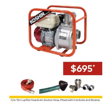 Koshin Petrol-Powered 2″ Clean Water Pump and Hose Pack