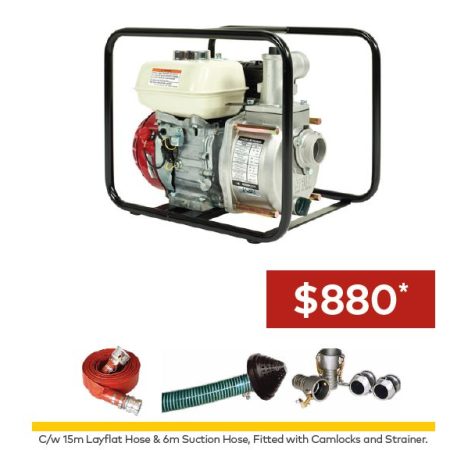 Koshin Petrol-Powered 2″ Semi-Trash Water Pump and Hose Pack