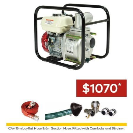 Koshin Petrol-Powered 3″ Semi-Trash Water Pump and Hose Pack