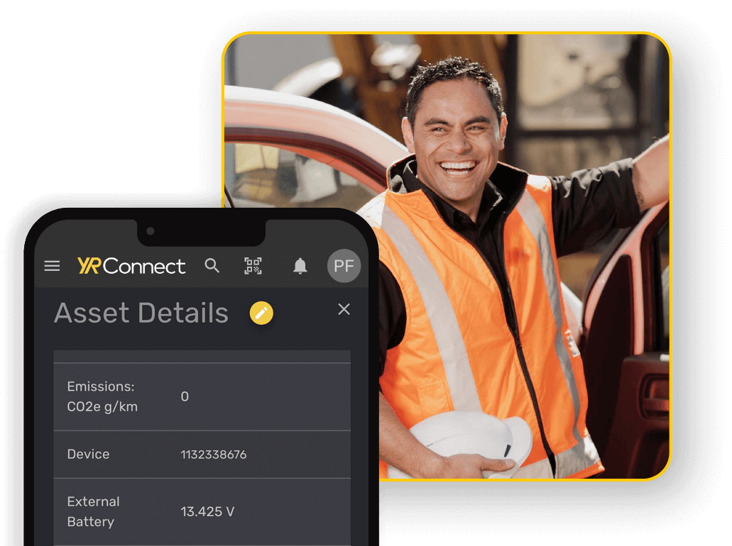 Photo of a smiling YR worker, with an image of a smartphone overlaid with the YR Connect app