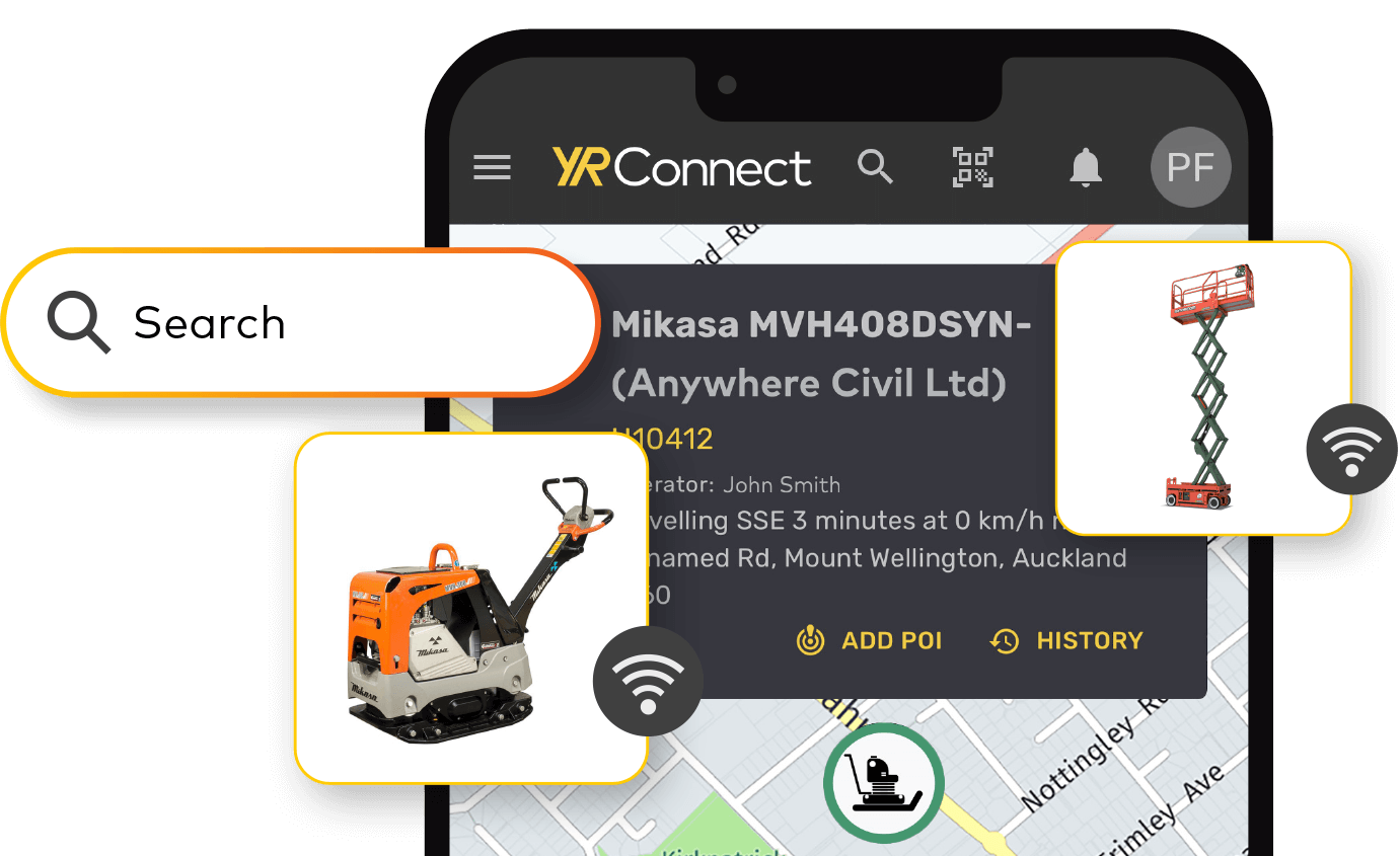 Screenshot of the YR Connect app, showing a map, a search box, and product tiles on top