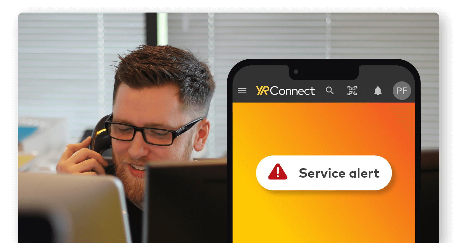 Photo of someone in the YR call centre, with a screenshot of the YR Connect app overlaid on top